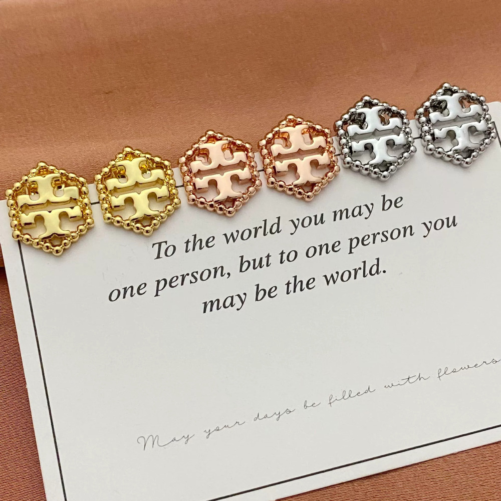 Tory Burch Hexagon Metal Stud Earrings With Hollow Alphabet Inlay For